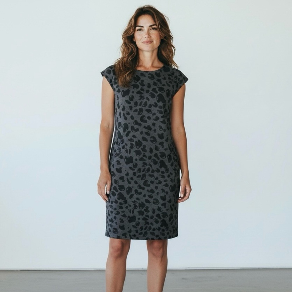 MICHAEL Michael Kors Cap Sleeves Black and Grey Leopard Print Midi Shift Dress